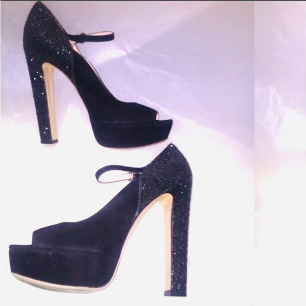 Miu Miu Isabelle Glitter Suede Peep Toe Heels - image 3